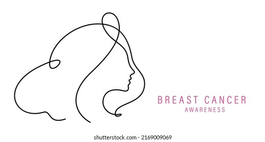 breast cancer awareness banner with woman face ribbon continuous line drawing isolated on white background vector illustration