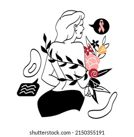 Breast cancer awareness. Blonde stands with bouquet of flowers in hand. International holiday to remind importance of regular health checks. Treatment of diseases. Cartoon flat vector illustration