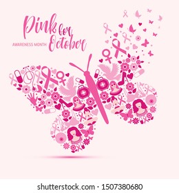 Breast cancer awareness with Butterfly sign and pink ribbons vector illustration design poster layout.