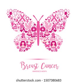 Breast cancer awareness with Butterfly sign and pink ribbons vector illustration design poster layout.