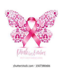 Breast cancer awareness with Butterfly sign and pink ribbons vector illustration design poster layout.