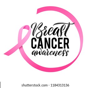 Breast Cancer Awareness Calligraphy Poster Design. Ribbon around letters. Vector Stroke Pink Ribbon. October is Cancer Awareness Month.