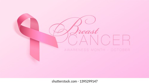 Breast Cancer Awareness Calligraphy Poster Design. Realistic Pink Ribbon. October is Cancer Awareness Month. Vector Illustration