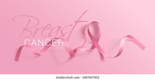 Breast Cancer Awareness Calligraphy Poster Design. Realistic Pink Ribbon. October is Cancer Awareness Month. Vector Illustration