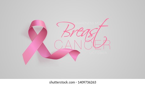 Breast Cancer Awareness Calligraphy Poster Design. Realistic Pink Ribbon. October is Cancer Awareness Month. Vector Illustration