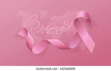 Conception de l'affiche de sensibilisation au cancer du sein. Ruban rose Réaliste. Octobre est le mois de la sensibilisation au cancer. Illustration vectorielle