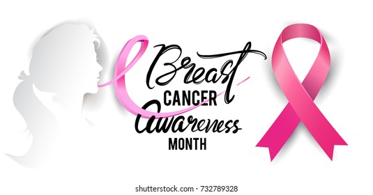 Breast Cancer Awareness Calligraphy Poster Design with Realistic pink ribbon, October is Cancer Awareness Month. Vector illustration