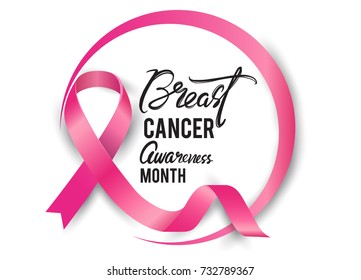 Breast Cancer Awareness Calligraphy Poster Design with Realistic pink ribbon, October is Cancer Awareness Month. Vector illustration