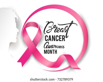 Breast Cancer Awareness Calligraphy Poster Design with Realistic pink ribbon, October is Cancer Awareness Month. Vector illustration
