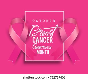 Breast Cancer Awareness Calligraphy Poster Design with Realistic pink ribbon, October is Cancer Awareness Month. Vector illustration