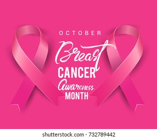 Breast Cancer Awareness Calligraphy Poster Design with Realistic pink ribbon, October is Cancer Awareness Month. Vector illustration