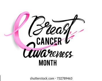 Breast Cancer Awareness Calligraphy Poster Design with Realistic pink ribbon, October is Cancer Awareness Month. Vector illustration