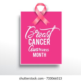 Breast Cancer Awareness Calligraphy Poster Design with Realistic pink ribbon, October is Cancer Awareness Month. Vector illustration