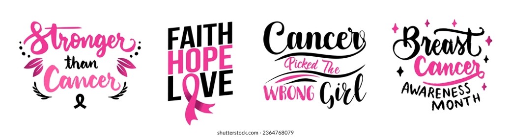 Breast cancer awareness calligraphy text emblems with pink ribbons. Breast cancer awareness text quote collection. Breast cancer awareness month typography 