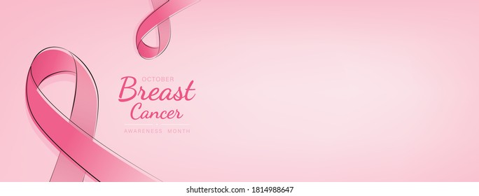 Breast cancer awareness campaign banner with pink ribbon symbols on pastel light pink background and space for text 