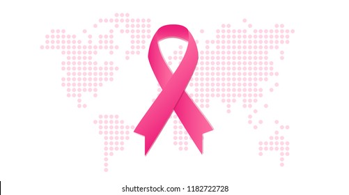 Concepto de campaña de sensibilización sobre el cáncer de mama. Octubre mes. Cinta rosa de onda suave en el fondo con mapa digital rosa, como células sanas limpias. Ilustración horizontal vectorial. Salud de la mujer