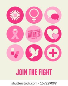 Breast Cancer Awareness card design with different symbols in pink.