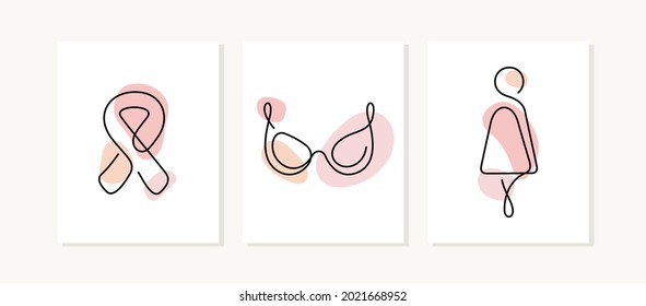 Breast cancer awareness cards. One line vector illustration.