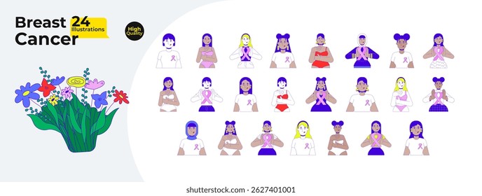 Breast cancer awareness cartoon flat illustrations mega bundle. Self examination, pink ribbons. Multicultural women empowerment 2D images isolated on white. Collection vector drawings colorful