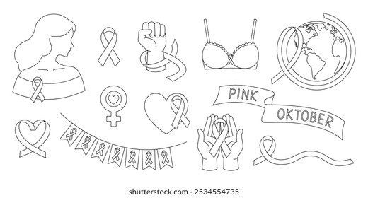 Dibujo para colorear sobre la conciencia del cáncer de mama. Mes rosa de octubre. Conjunto de contorno con cintas rosas, mujer, sujetador, manos, corazones, banderas y tierra. Libro para colorear para imprimir