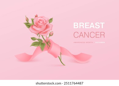 Breast cancer awareness concept with 3D vector ribbon wrapping around rose on pink background