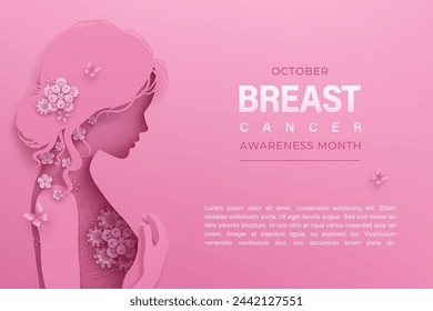 Breast cancer awareness concept with abstract woman silhouette with layered abstract pink flowers. Vector paper cut horizontal poster with place for text