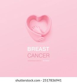 Breast cancer awareness concept with abstract hugging hands on pink background. 3D vector ribbon in heart shape