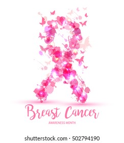 Breast cancer awareness concept illustration: pink ribbon symbol, pink watercolor blots . Vector hand drawn illustration.