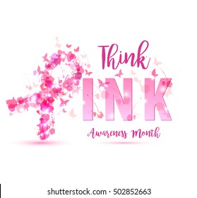 Breast cancer awareness concept illustration: pink ribbon symbol, pink watercolor blots with text think pink. Vector hand drawn illustration.