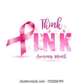 Breast cancer awareness concept illustration: pink ribbon symbol, pink watercolor blots with text think pink. Vector hand drawn illustration.