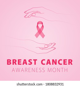 Breast cancer awareness concept in October: silhouette of 2 female hands and text with pink ribbon.