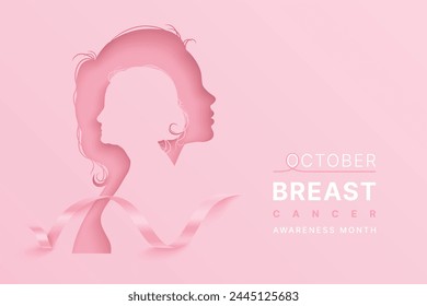 Breast cancer awareness concept with paper cut silhouettes of old and young woman. Vector horizontal poster with pink ribbon