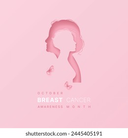 Breast cancer awareness concept with paper cut silhouettes of old and young woman on a pink backdrop with butterflies