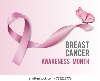 Breast cancer awareness concept with text and Realistic pink ribbon with pink butterfly . Vector illustration