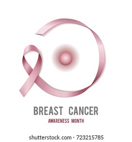 Breast cancer awareness concept with text and Realistic pink ribbon. Vector illustration