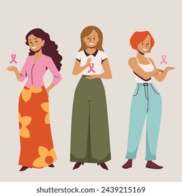 Breast cancer awareness concept. Vector illustration set featuring three women with pink ribbons, symbolizing support and solidarity