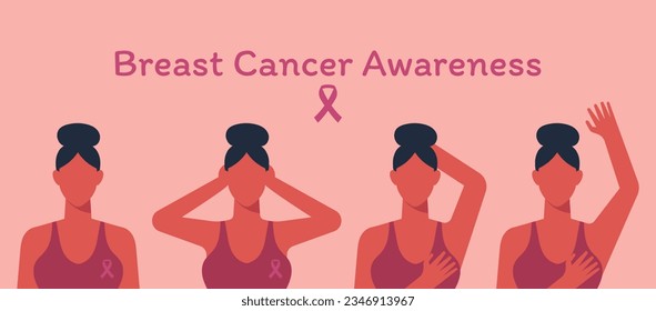 Breast Cancer Awareness Concept with Women Navigating Detection and Diagnosis through Self-Examination, Flat Vector Illustration