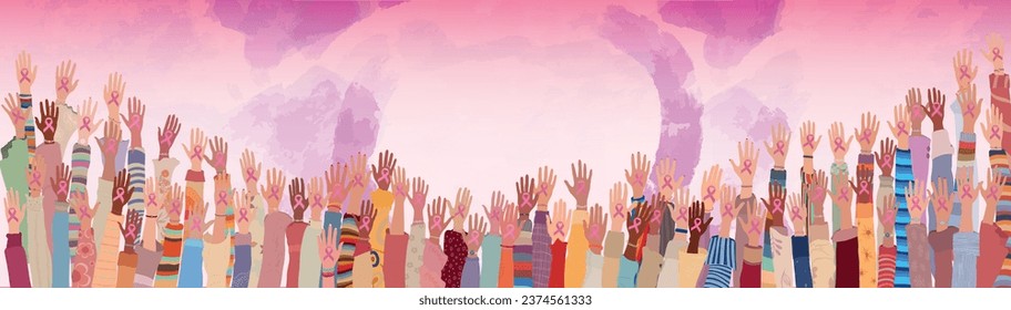 Breast cancer awareness concept.Many raised hands and arms of multicultural women holding a pink ribbon.Solidarity and support for women fighting breast cancer.Prevention.Cancer survivor