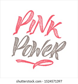 Breast Cancer Awareness Creative Pink Calligraphic Poster. Brush Stroke and Silk Ribbon Symbol. World October Breast Cancer Awareness Month Banner. Round grainy stamp text. Medical Design