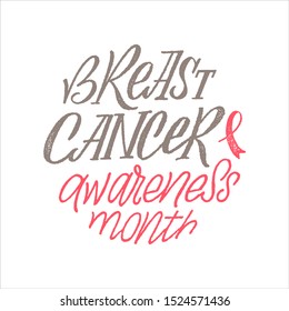 Breast Cancer Awareness Creative Pink Calligraphic Poster. Brush Stroke and Silk Ribbon Symbol. World October Breast Cancer Awareness Month Banner. Round grainy stamp text. Medical Design