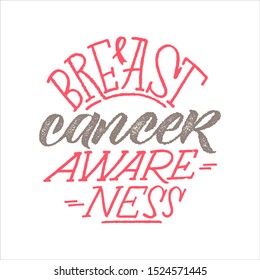 Breast Cancer Awareness Creative Pink Calligraphic Poster. Brush Stroke and Silk Ribbon Symbol. World October Breast Cancer Awareness Month Banner. Round grainy stamp text. Medical Design