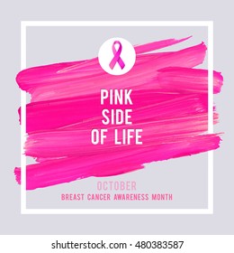 Breast Cancer Awareness Creative Pink Poster. Brush Stroke and Silk Ribbon Symbol. World October Breast Cancer Awareness Month Banner. Pink stroke and text. Medical Design 