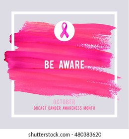 Breast Cancer Awareness Creative Pink Poster. Brush Stroke and Silk Ribbon Symbol. World October Breast Cancer Awareness Month Banner. Pink stroke and text. Medical Design 