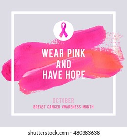 Breast Cancer Awareness Creative Pink Poster. Brush Stroke and Silk Ribbon Symbol. World October Breast Cancer Awareness Month Banner. Pink stroke and text. Medical Design 