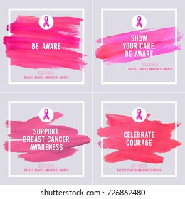 Breast Cancer Awareness Creative Pink Poster Set. Brush Stroke and Silk Ribbon Symbol. World October Breast Cancer Awareness Month Banner. Pink stroke and text. Medical Design