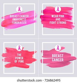 Breast Cancer Awareness Creative Pink Poster Set. Brush Stroke and Silk Ribbon Symbol. World October Breast Cancer Awareness Month Banner. Pink stroke and text. Medical Design