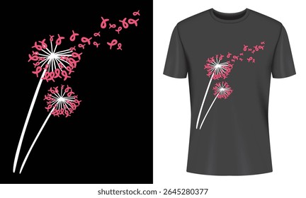 Breast Cancer Awareness Dandelion Design on Black T Shirt with Black Background