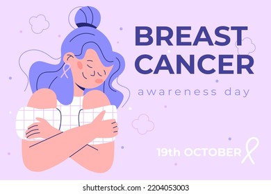 Breast cancer awareness day. Card with woman that cares for themself. Vector illustration.