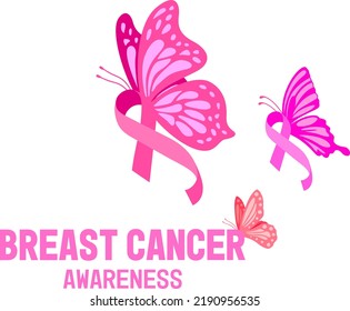 Breast cancer awareness design with butterflies. Pink ribbon symbol. Vector illustration.