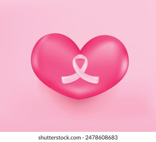 Breast cancer awareness design with pink heart and ribbon. Pink ribbon illustration for awareness campaigns, support and charity organizations.